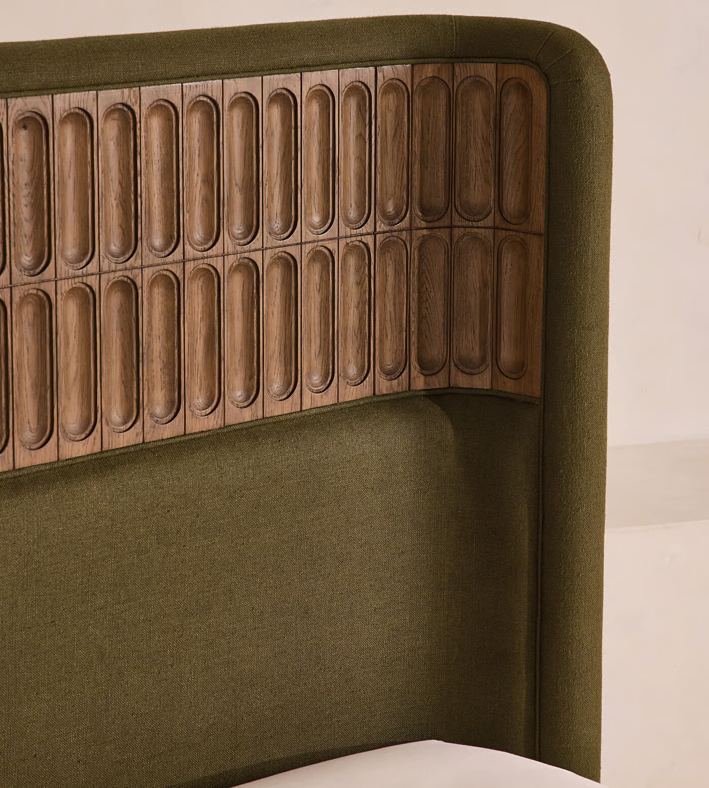 Luxury bed with curved linen headboard and matching footboard Luxury bed with curved linen headboard and matching footboard