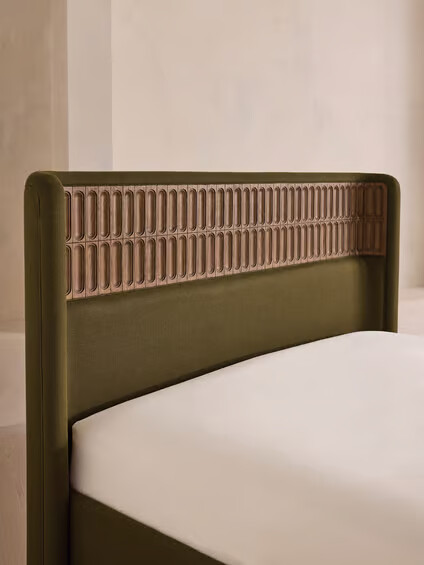 Luxury bed with curved linen headboard and matching footboard Luxury bed with curved linen headboard and matching footboard