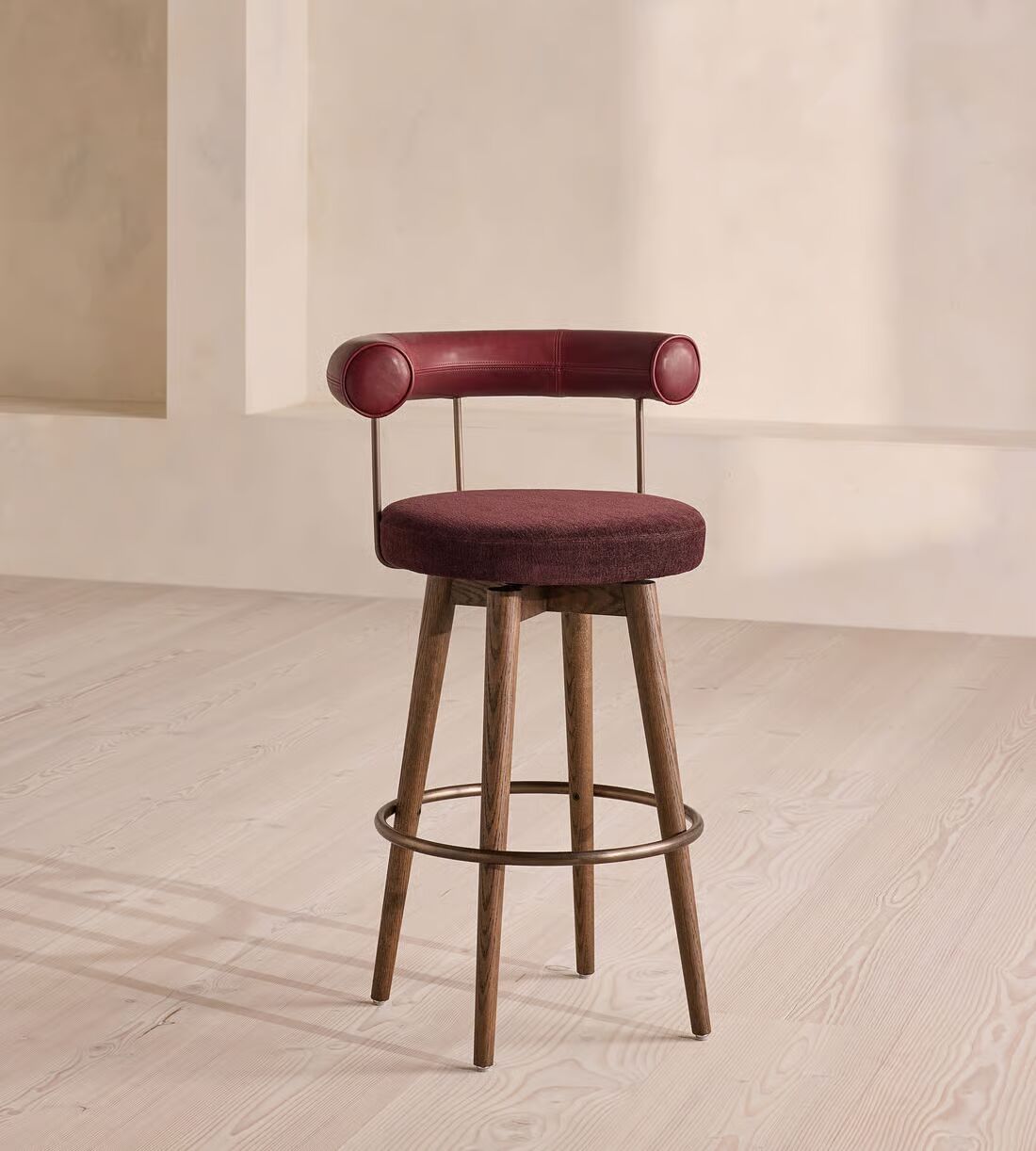 Kitchen stool made of teak wood with leather and linen chenille seat