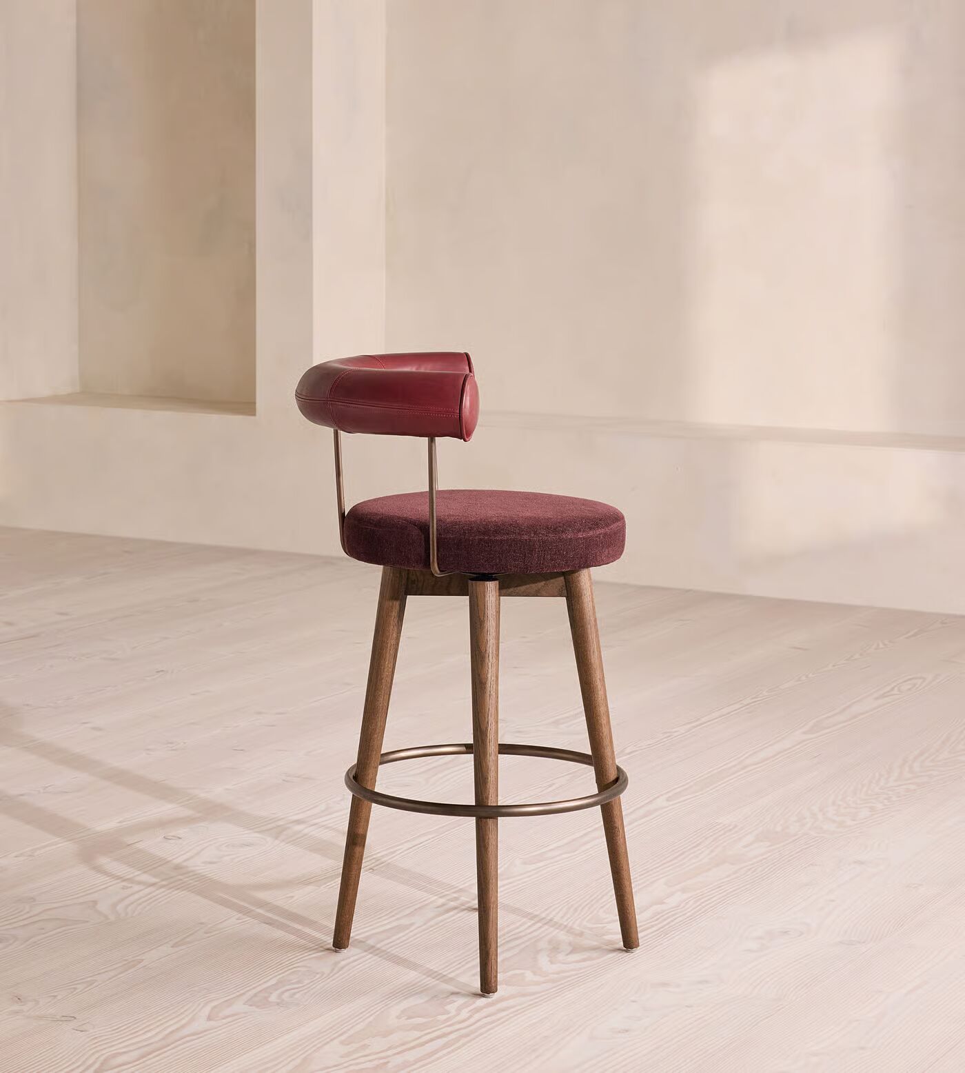 Kitchen stool made of teak wood with leather and linen chenille seat