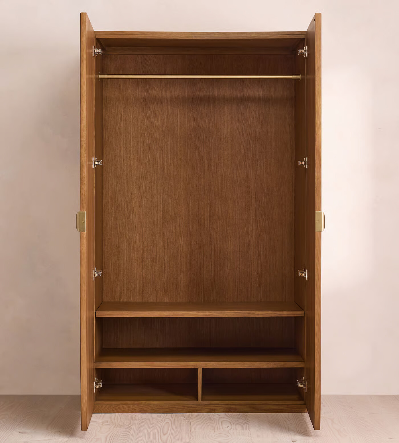 Luxury two door wardrobe with shelves and hanging rail in brown finish