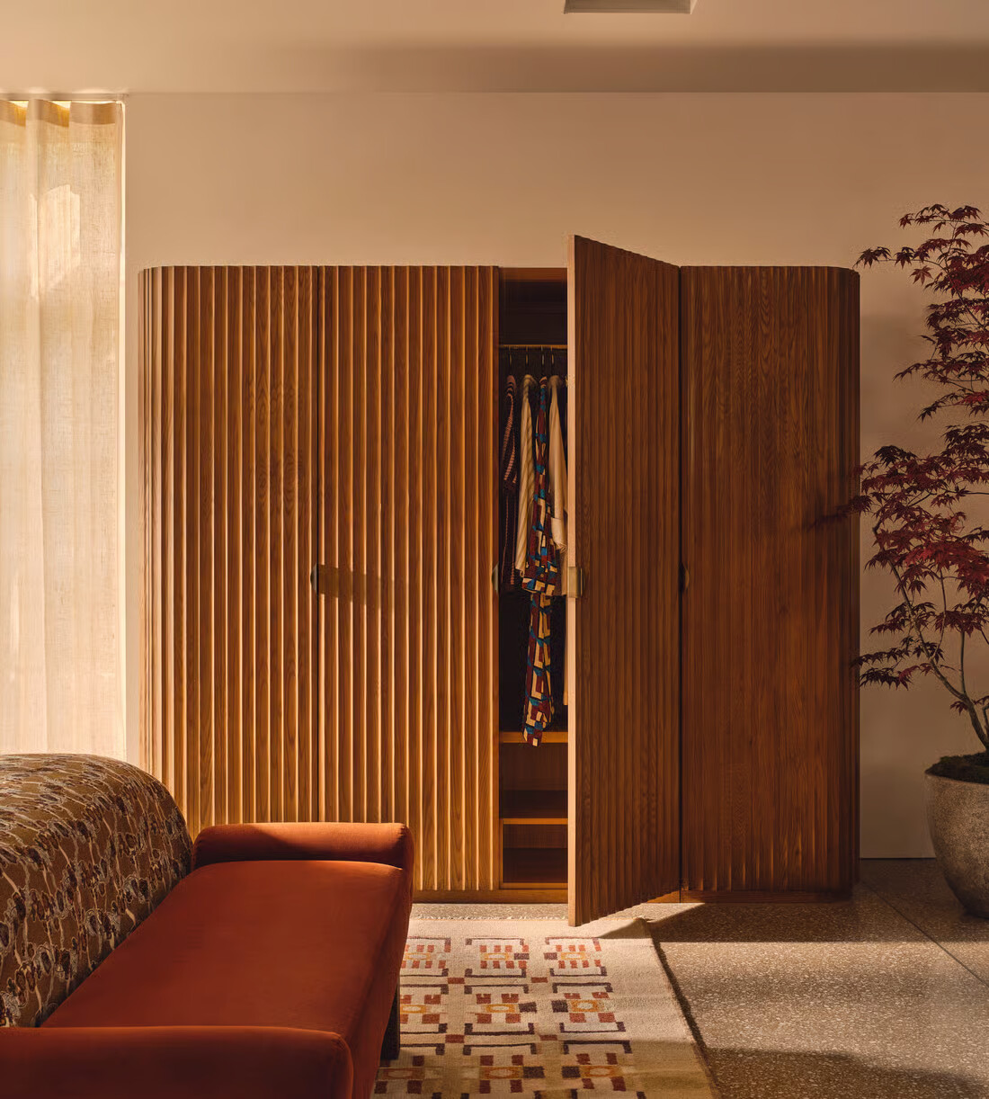 Luxury teak wood wardrobe with double and single unit design in brown finish