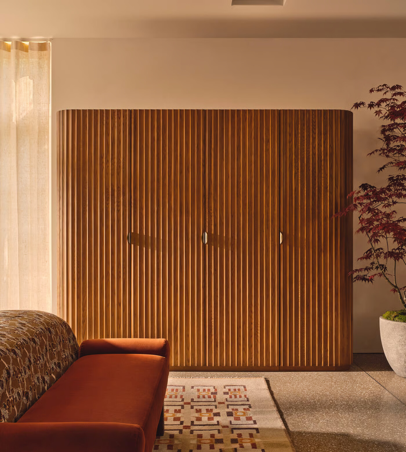 Luxury teak wood wardrobe with double and single unit design in brown finish