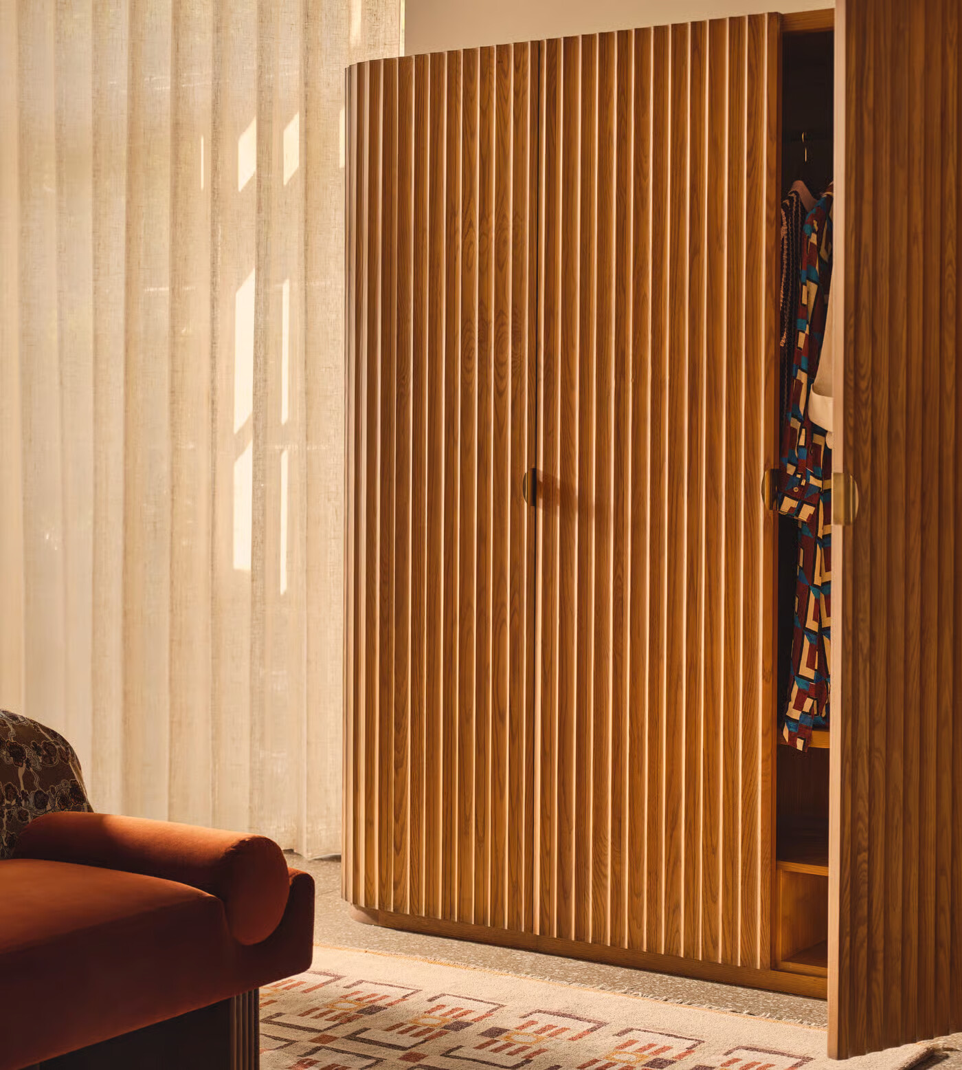 Luxury teak wood wardrobe with double and single unit design in brown finish