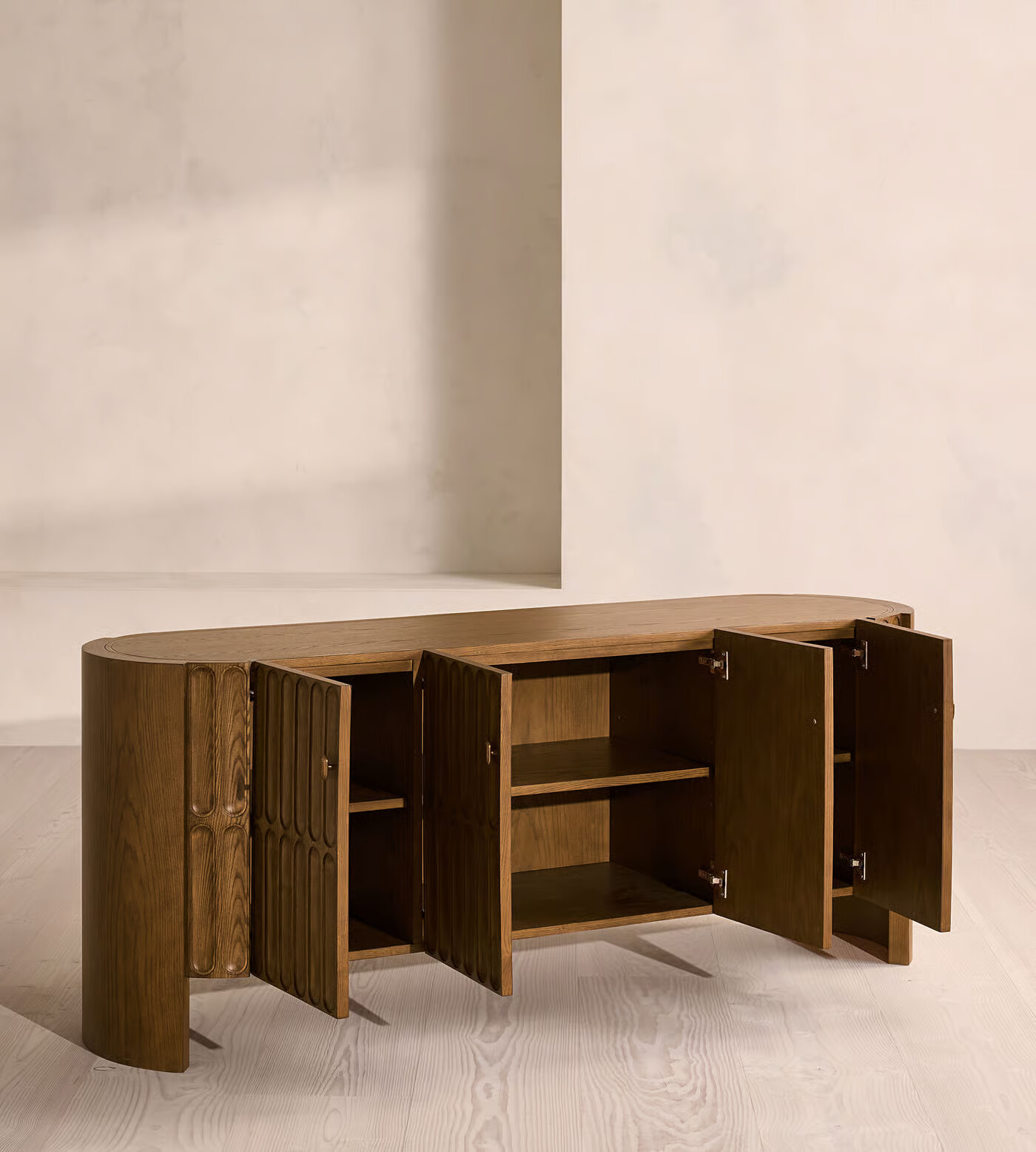 Sideboard in teak wood with brown finish for dining or living room storage Sideboard in teak wood with brown finish for dining or living room storage