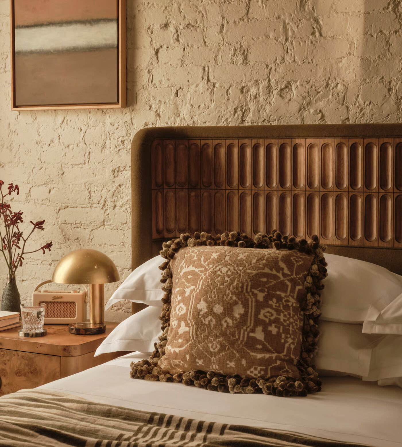 Luxury bed with curved linen headboard and matching footboard Luxury bed with curved linen headboard and matching footboard