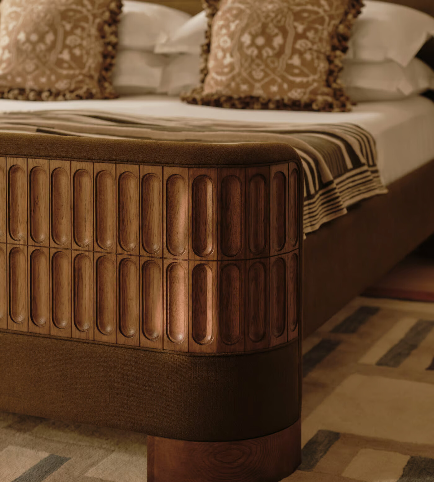 Luxury bed with curved linen headboard and matching footboard Luxury bed with curved linen headboard and matching footboard