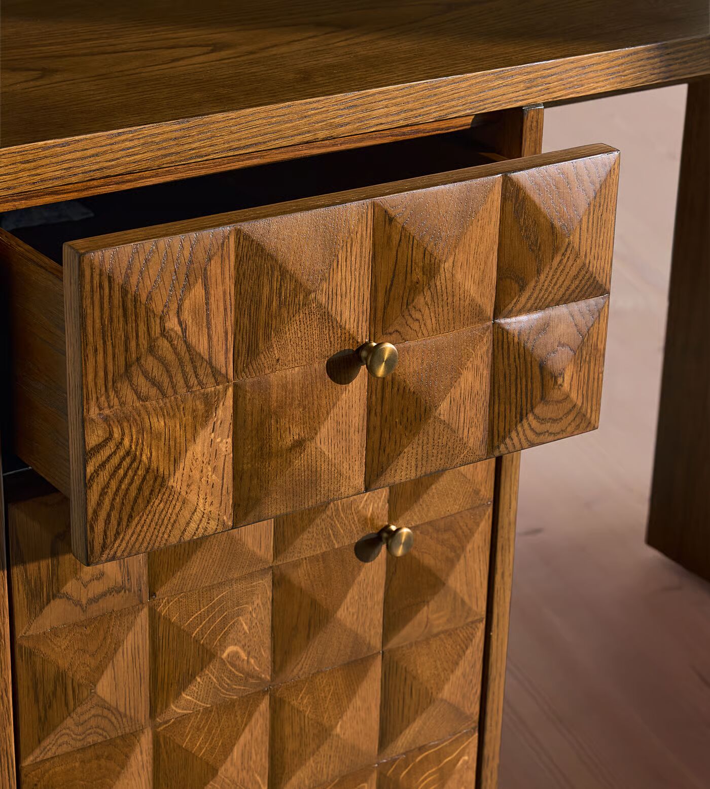 Reading table with drawer and door made of solid teak wood in brown finish