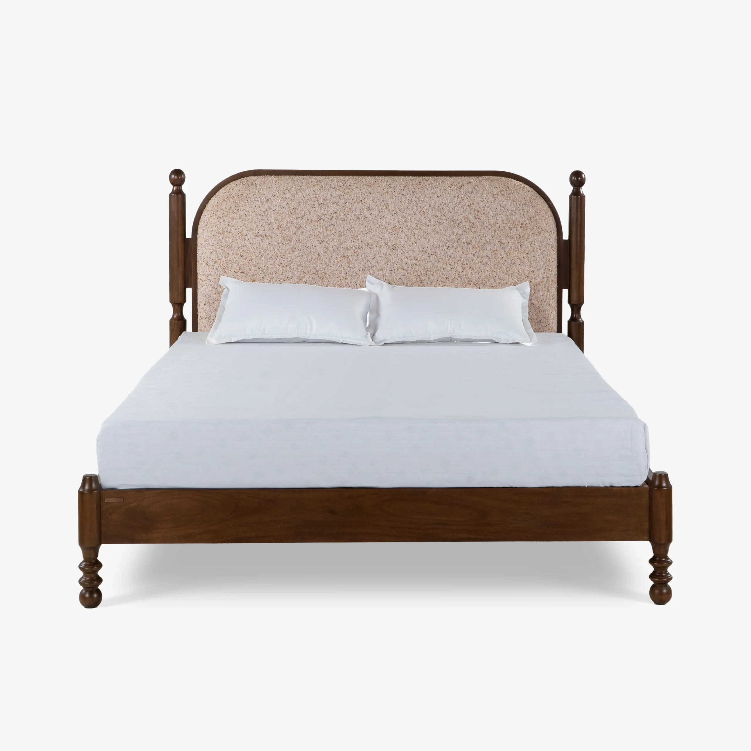 Queen size bed made of solid teak wood in natural finish with upholstered headboard — stylish and durable wooden bed for modern bedrooms.
