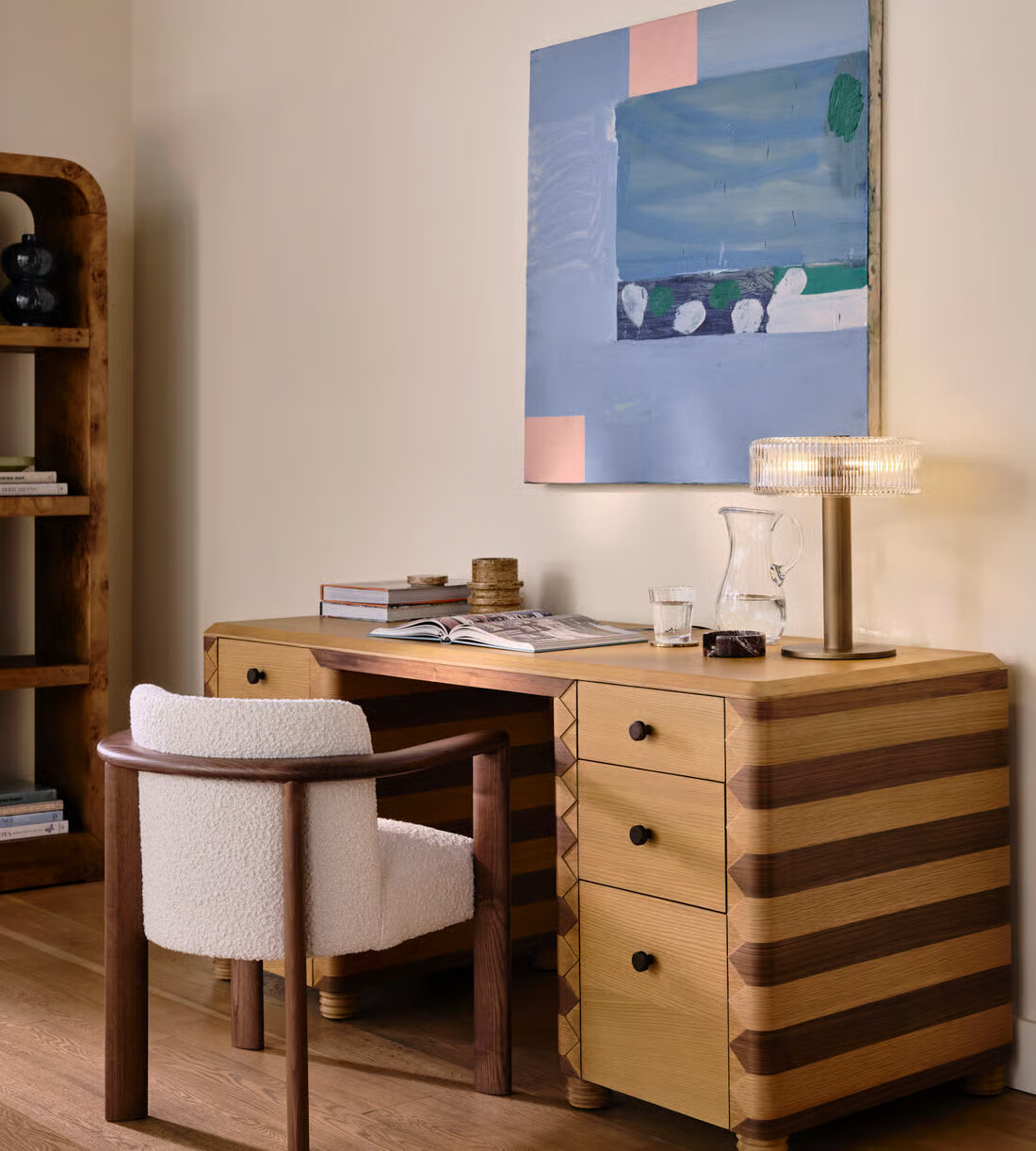 Wooden study desk with drawers in natural teak and brown finish