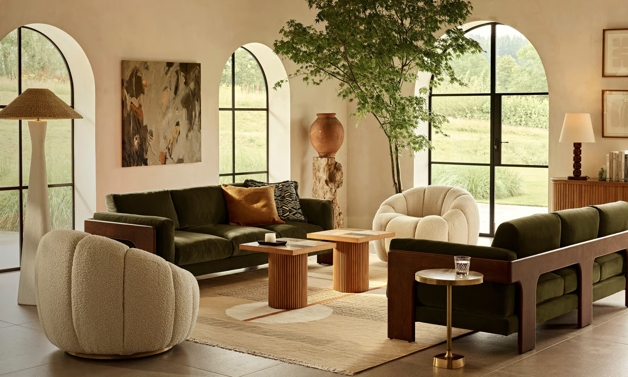 3 Seater Sofa in Teak Wood with Brown Finish and Velvet Fabric