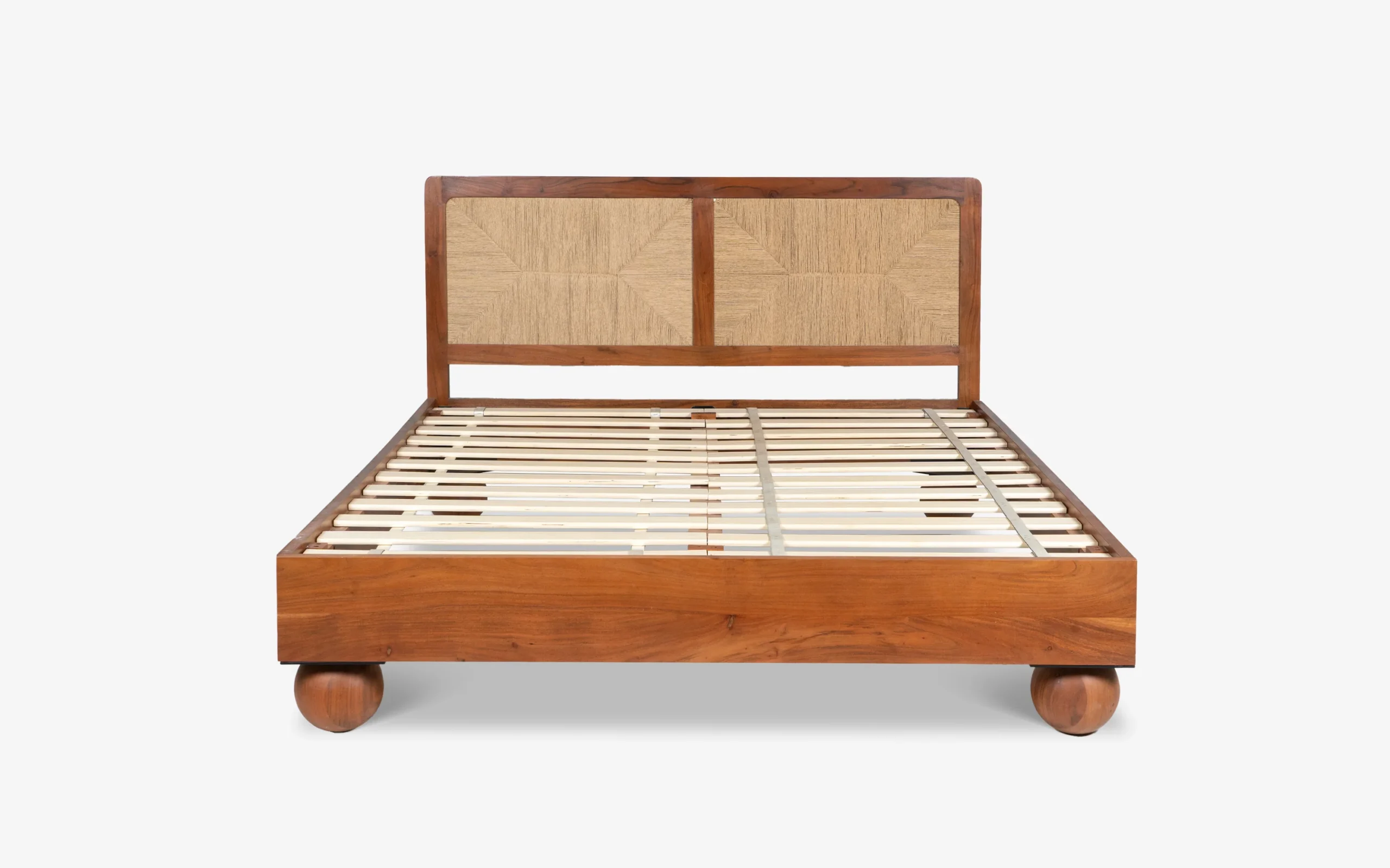 Queen size bed made of solid teak wood in natural finish with upholstered headboard — stylish and durable wooden bed for modern bedrooms. Queen size bed made of solid teak wood in natural finish with upholstered headboard — stylish and durable wooden bed for modern bedrooms.