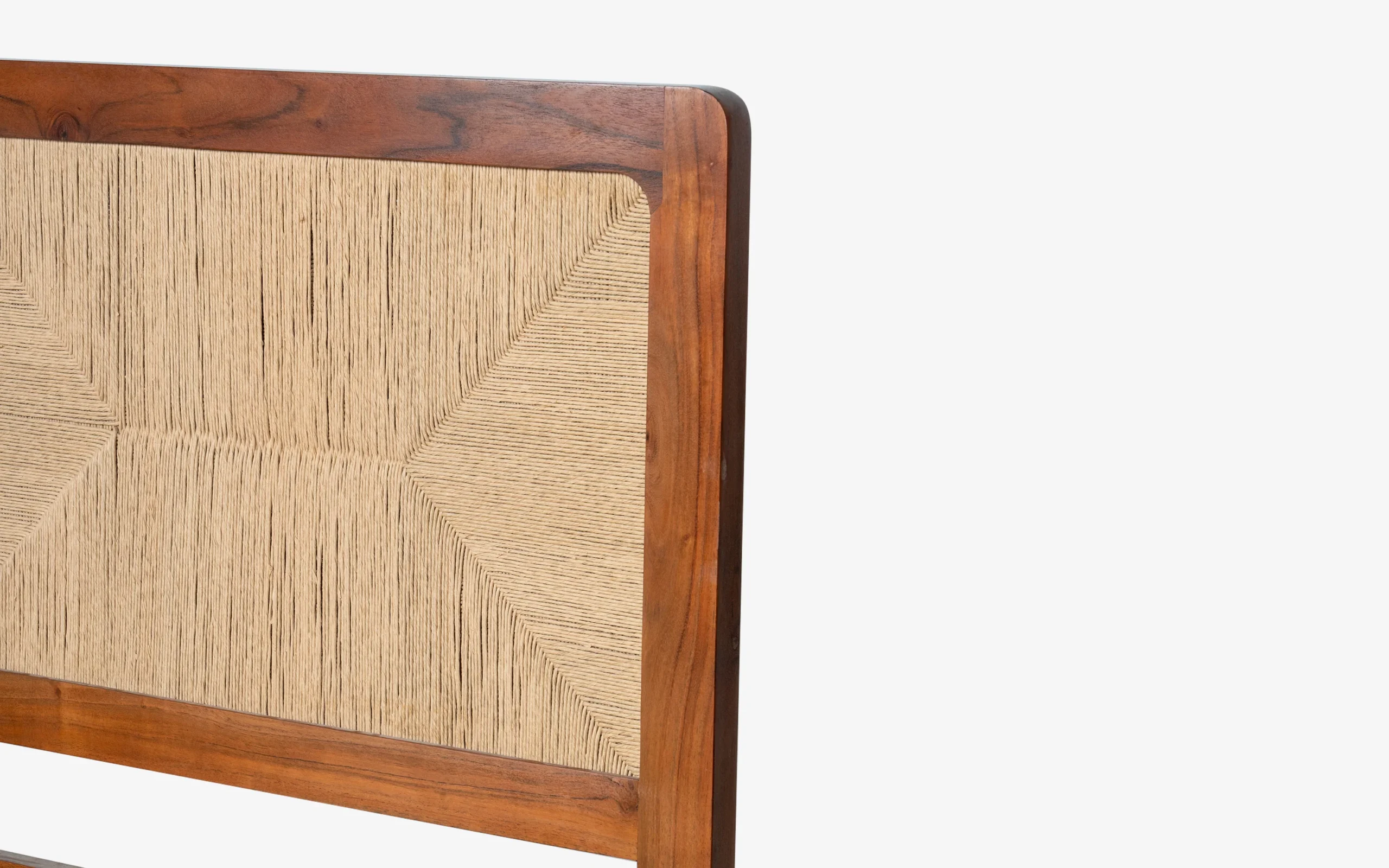 Queen size bed made of solid teak wood in natural finish with upholstered headboard — stylish and durable wooden bed for modern bedrooms. Queen size bed made of solid teak wood in natural finish with upholstered headboard — stylish and durable wooden bed for modern bedrooms.