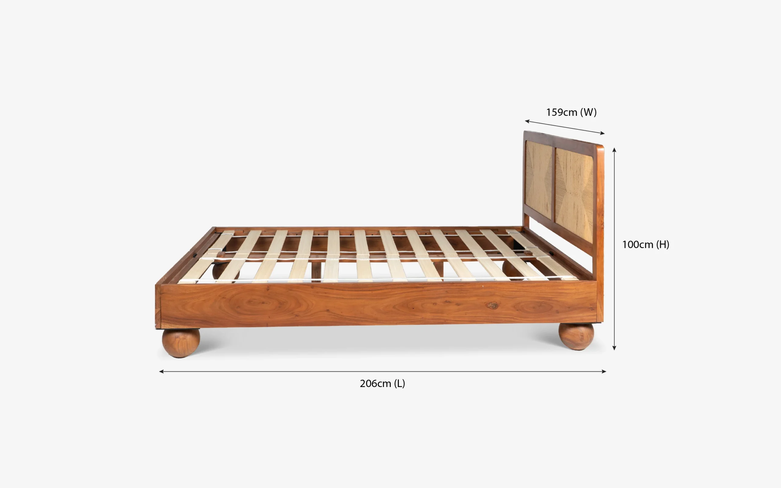 Queen size bed made of solid teak wood in natural finish with upholstered headboard — stylish and durable wooden bed for modern bedrooms. Queen size bed made of solid teak wood in natural finish with upholstered headboard — stylish and durable wooden bed for modern bedrooms.