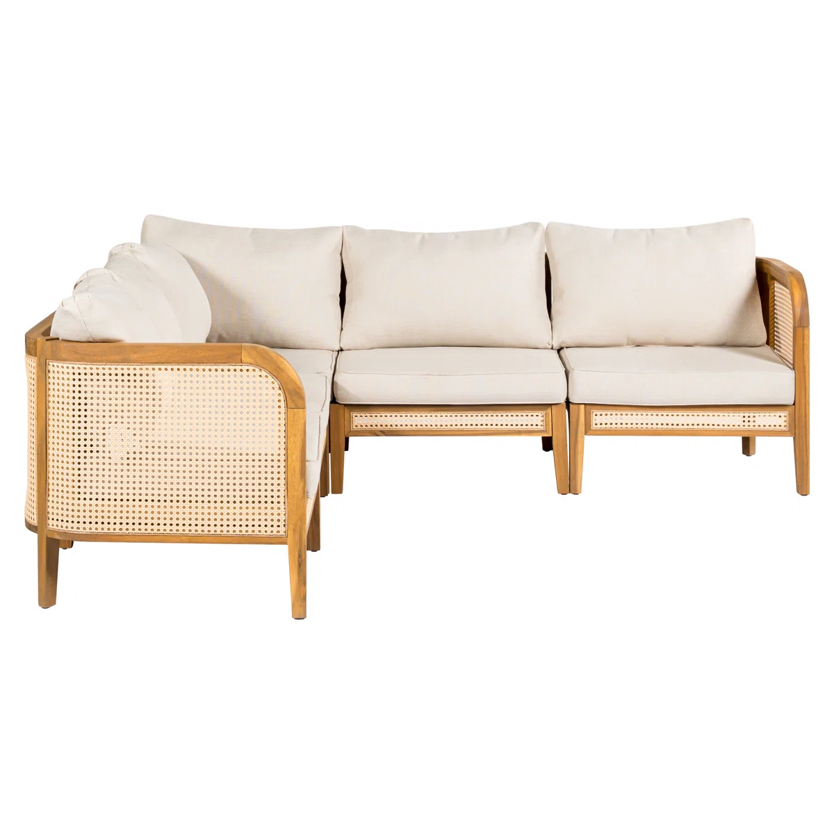 Sectional Sofa with Woven Cane Accents in Teak Wood and Natural Finish Sectional Sofa with Woven Cane Accents in Teak Wood and Natural Finish