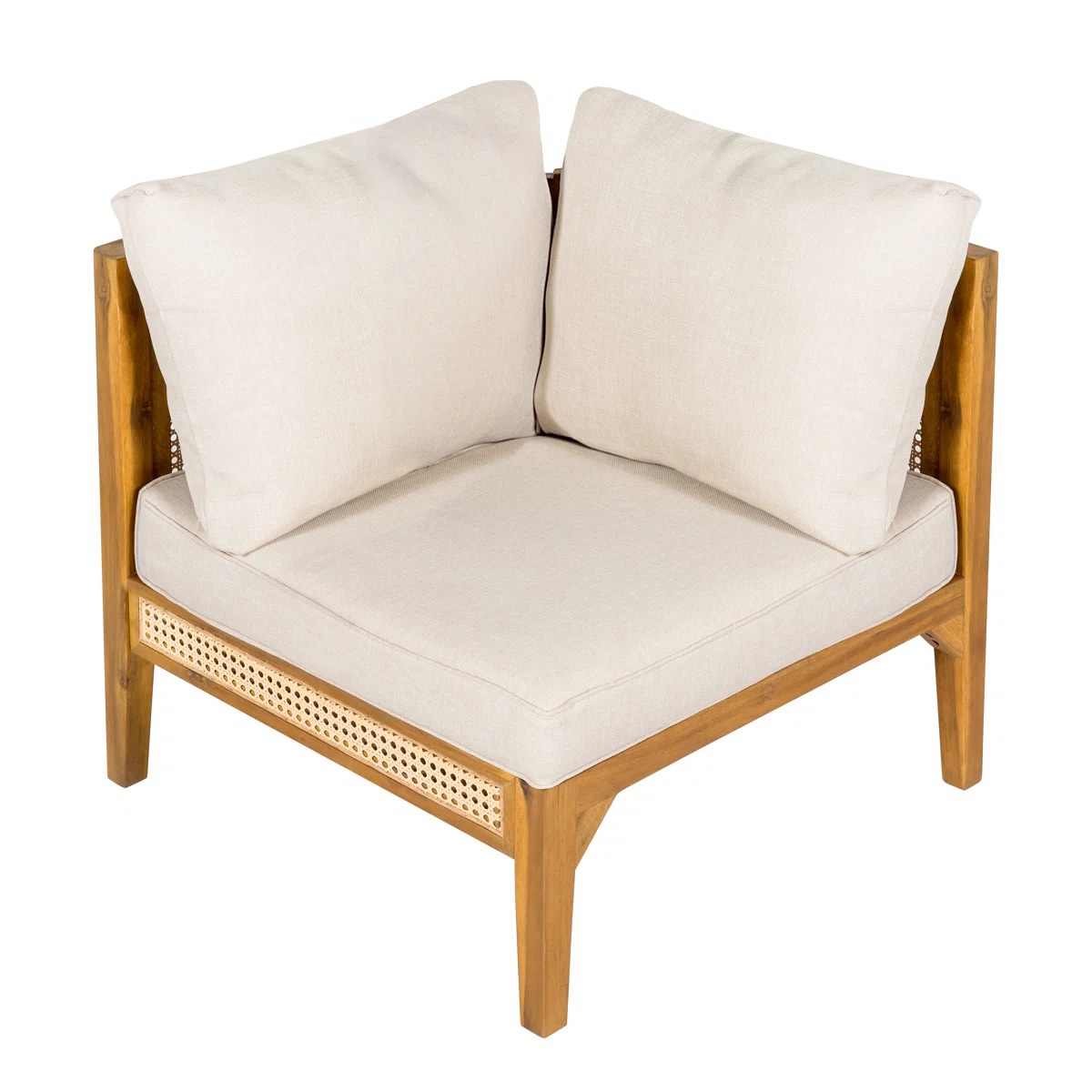 Sectional Sofa with Woven Cane Accents in Teak Wood and Natural Finish Sectional Sofa with Woven Cane Accents in Teak Wood and Natural Finish