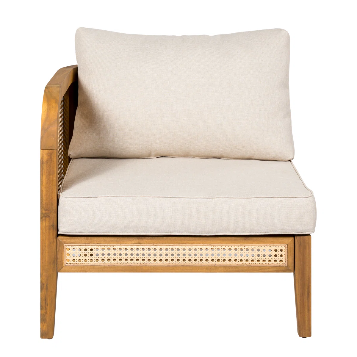 Sectional Sofa with Woven Cane Accents in Teak Wood and Natural Finish Sectional Sofa with Woven Cane Accents in Teak Wood and Natural Finish