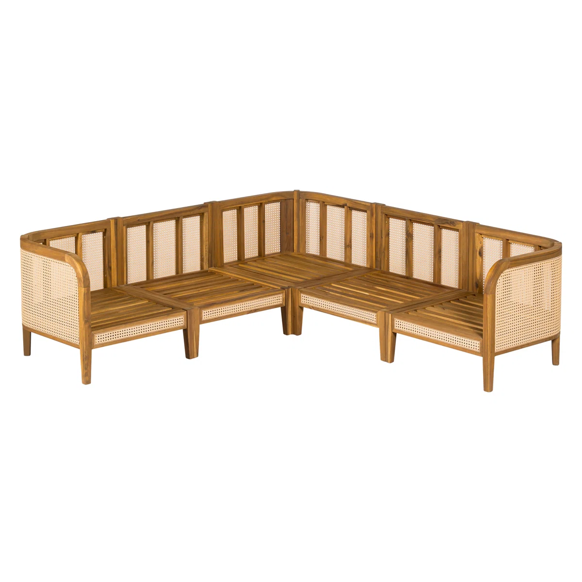 Sectional Sofa with Woven Cane Accents in Teak Wood and Natural Finish Sectional Sofa with Woven Cane Accents in Teak Wood and Natural Finish
