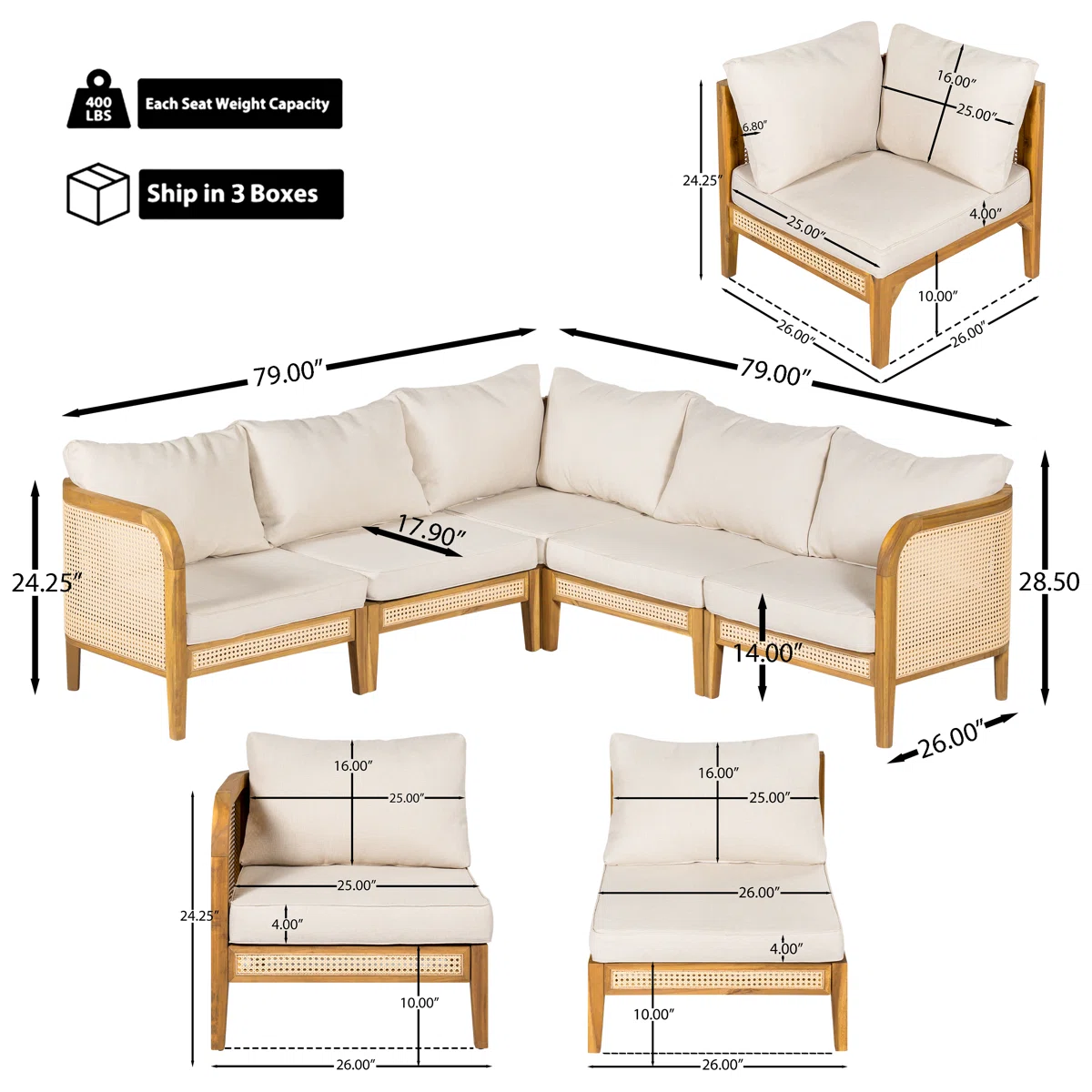 Sectional Sofa with Woven Cane Accents in Teak Wood and Natural Finish Sectional Sofa with Woven Cane Accents in Teak Wood and Natural Finish