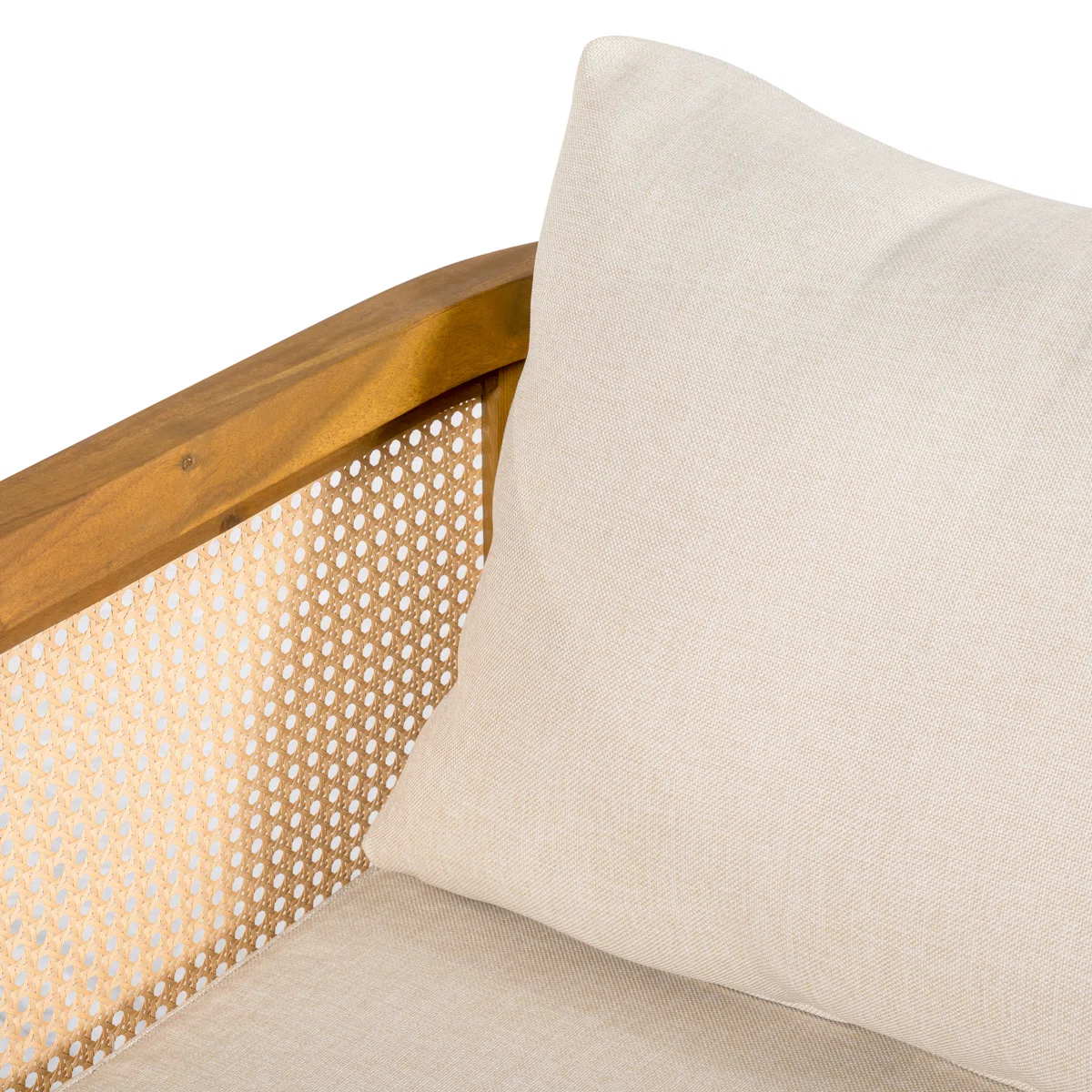 Sectional Sofa with Woven Cane Accents in Teak Wood and Natural Finish Sectional Sofa with Woven Cane Accents in Teak Wood and Natural Finish