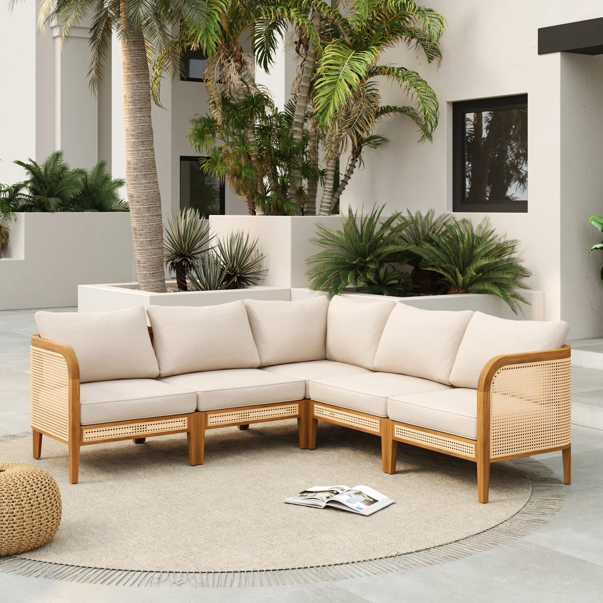 Sectional Sofa with Woven Cane Accents in Teak Wood and Natural Finish