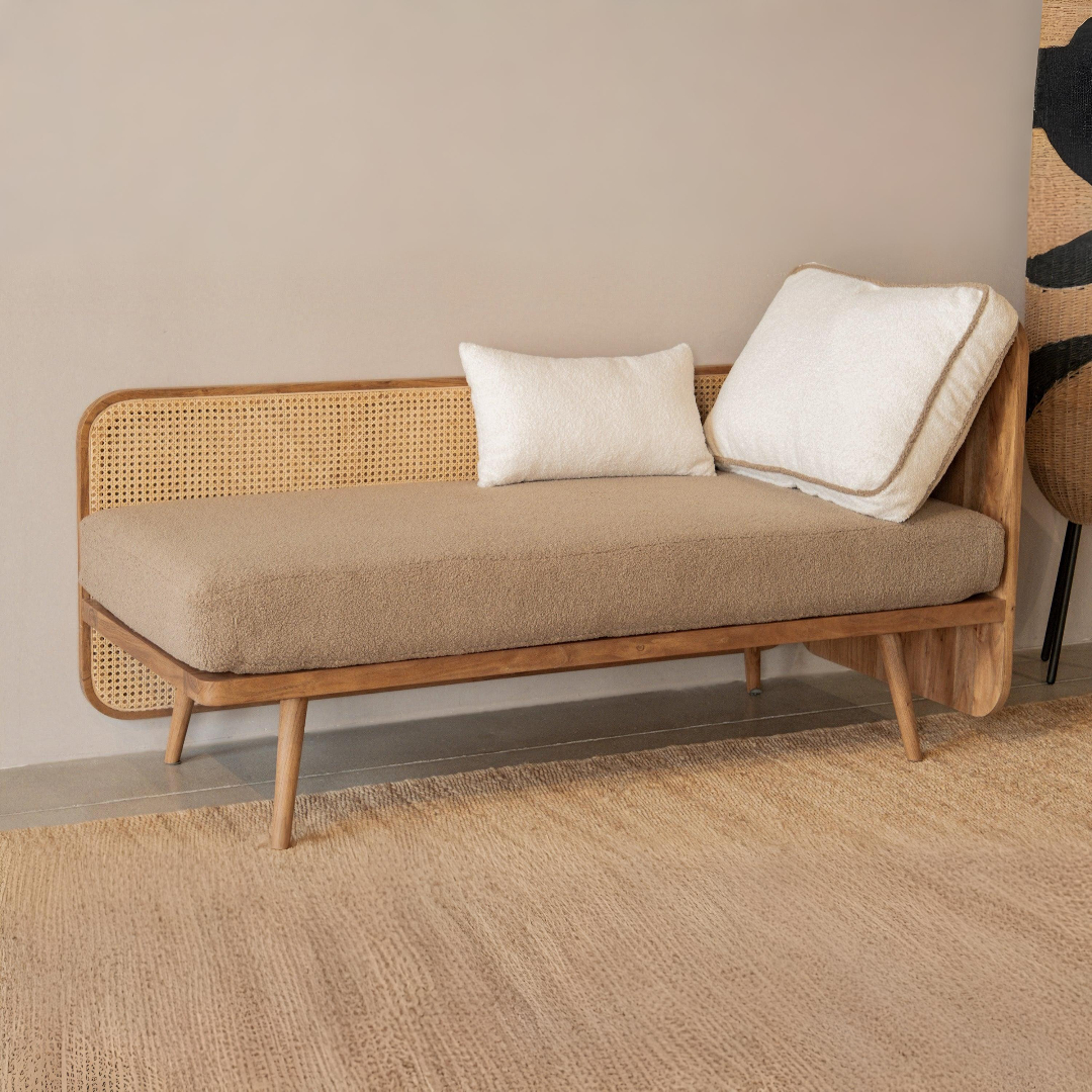 Modern Cane Bench in Teak Wood with Rattan Cane and Upholstered Seat