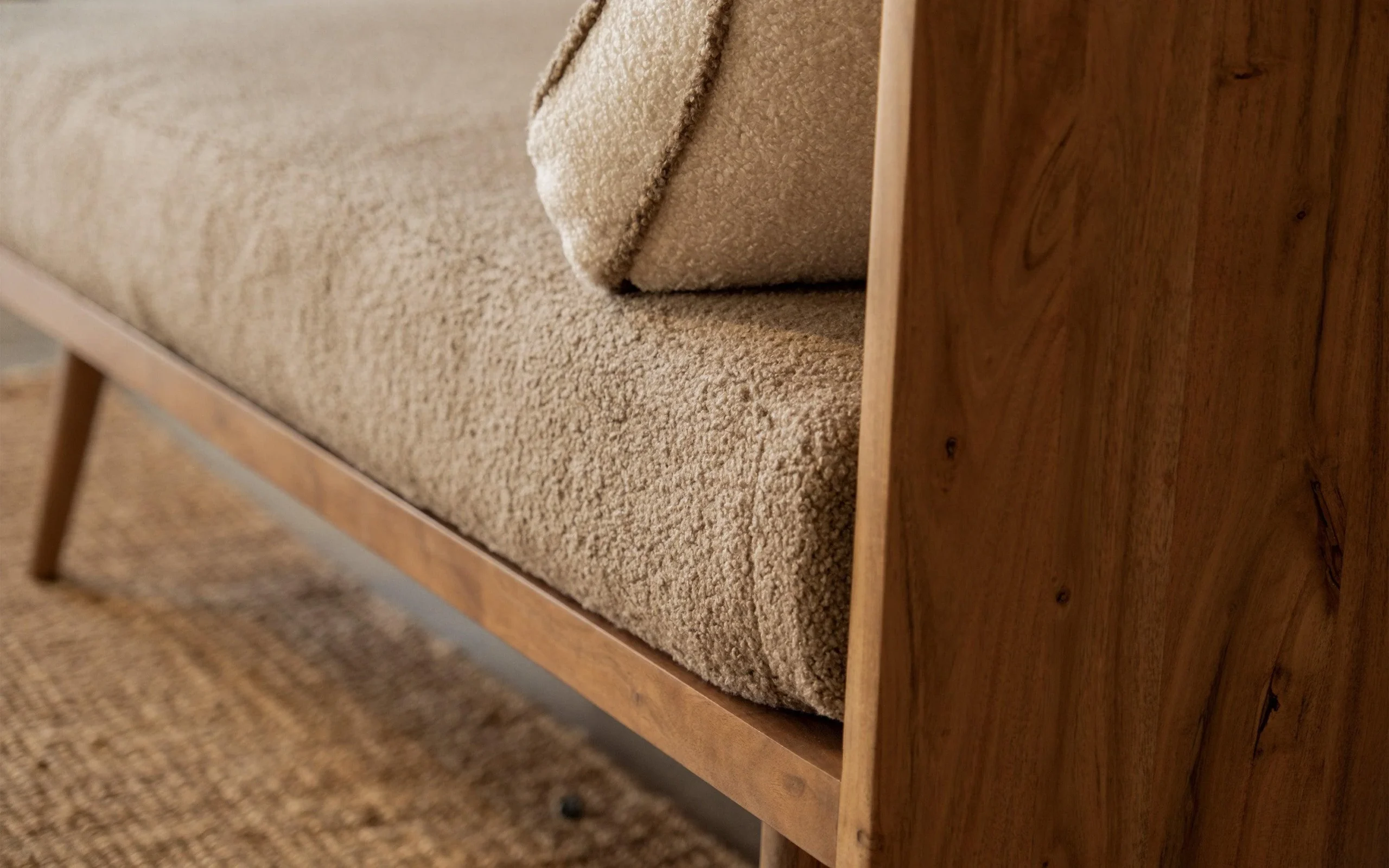 Modern Cane Bench in Teak Wood with Rattan Cane and Upholstered Seat