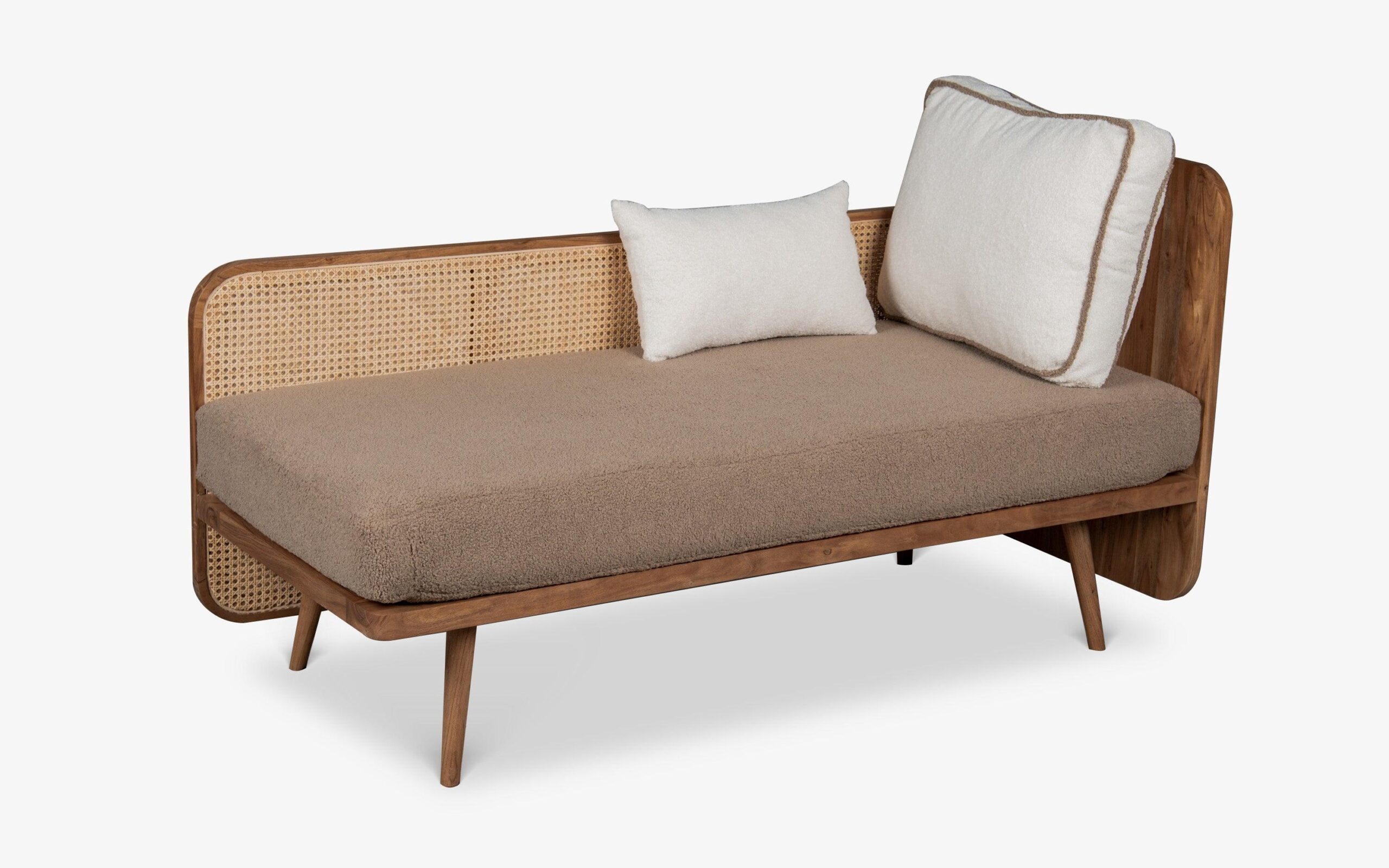 Modern Cane Bench in Teak Wood with Rattan Cane and Upholstered Seat