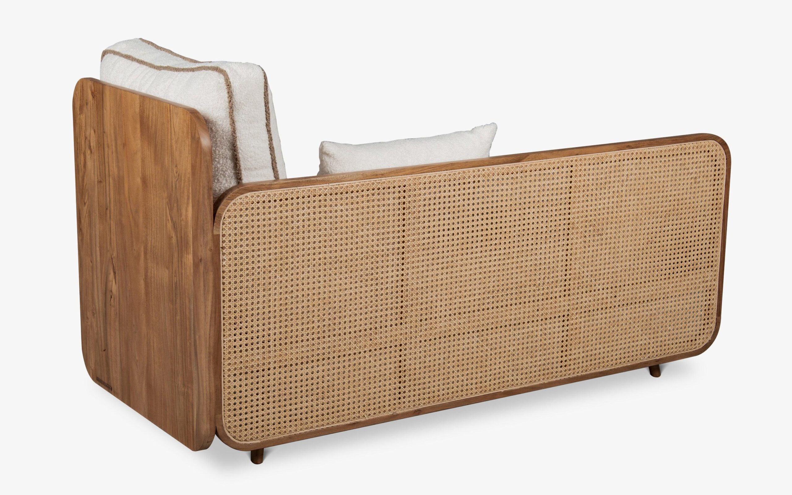 Modern Cane Bench in Teak Wood with Rattan Cane and Upholstered Seat