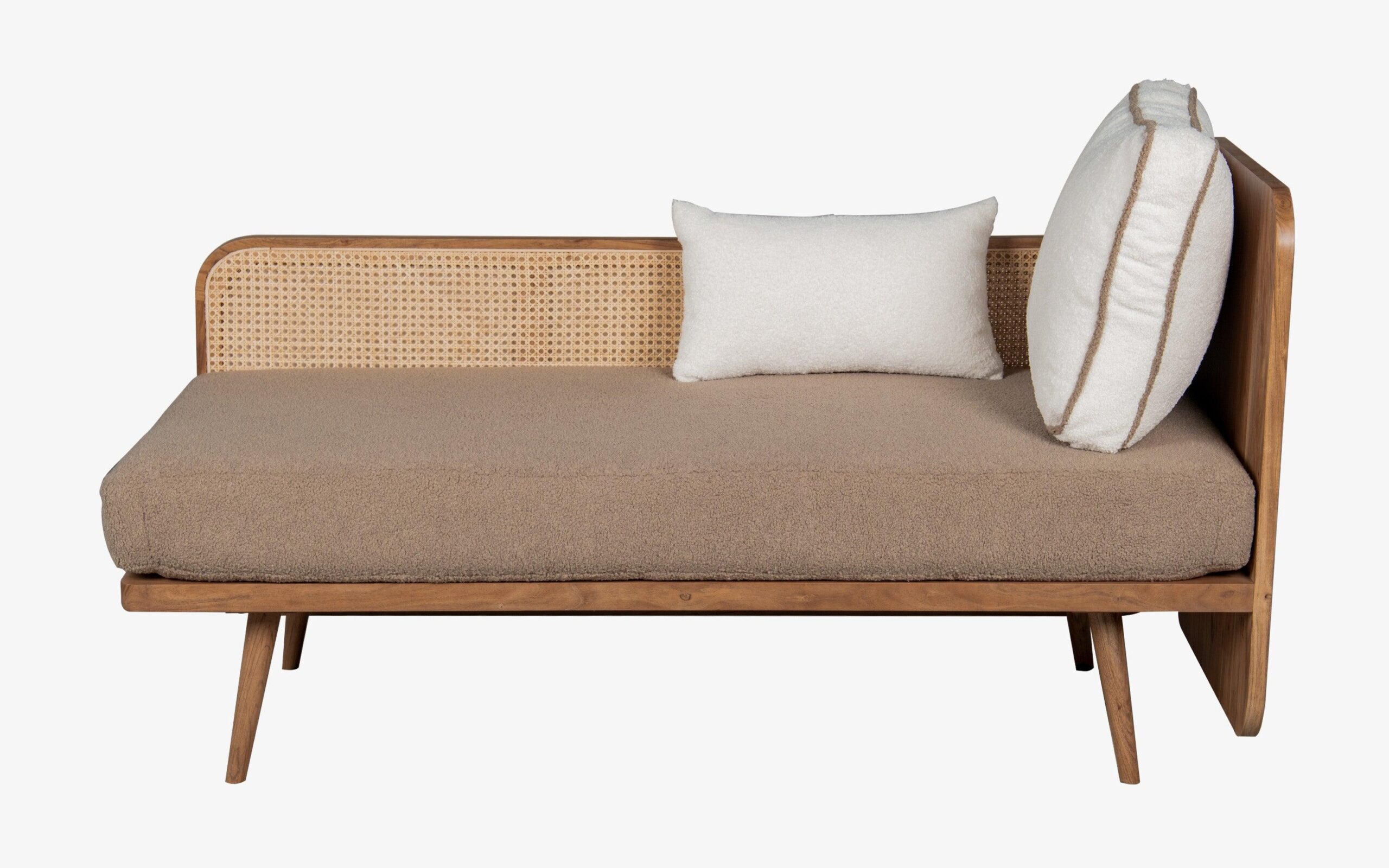 Modern Cane Bench in Teak Wood with Rattan Cane and Upholstered Seat