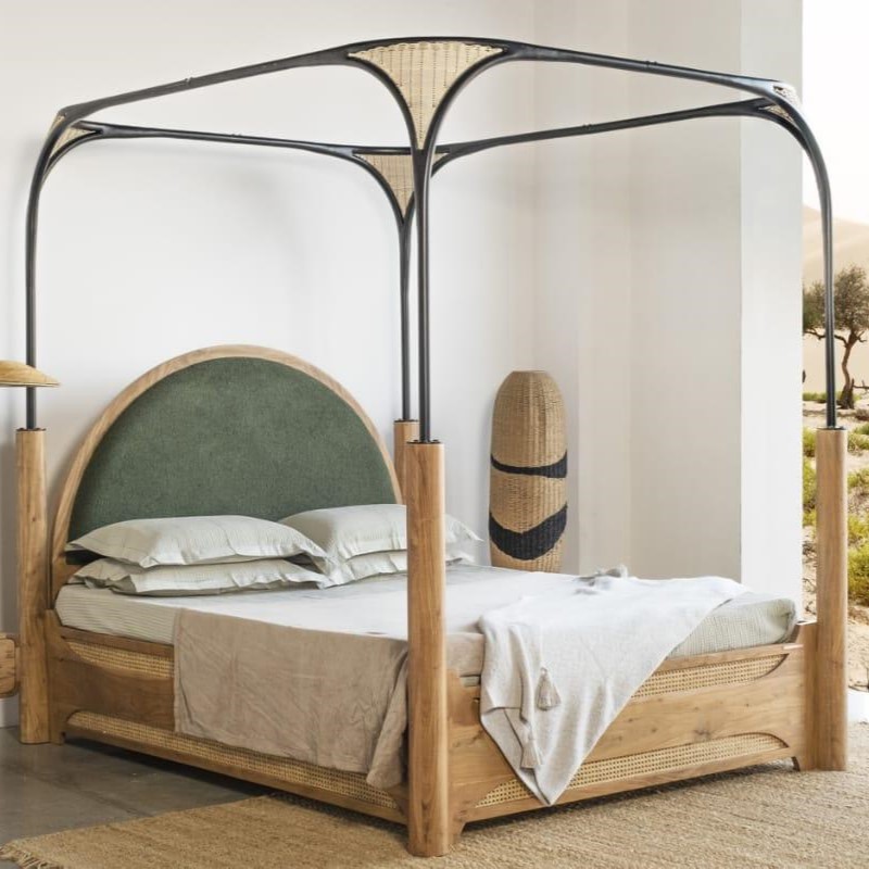 Canopy Bed Frame in Natural Brown Teak Wood with Four Poster Design