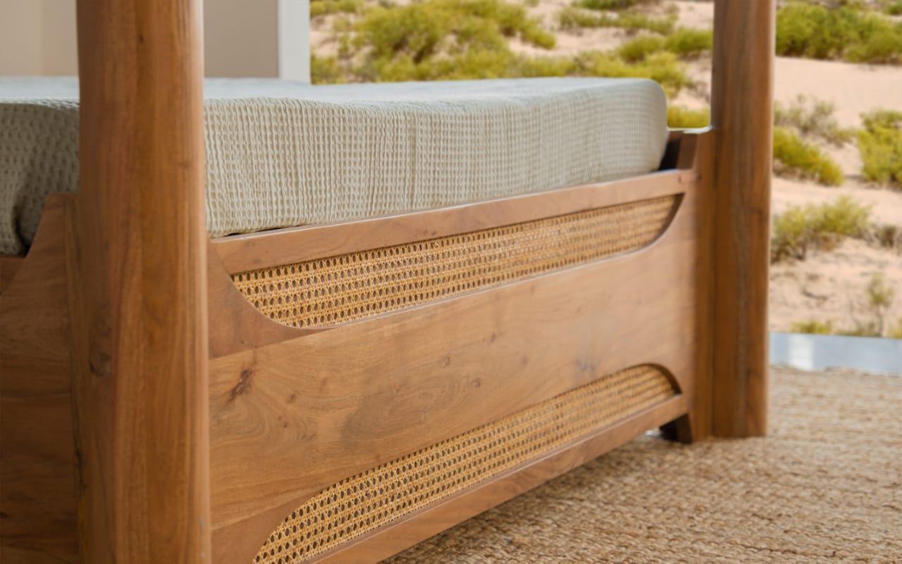 Canopy Bed Frame in Natural Brown Teak Wood with Four Poster Design