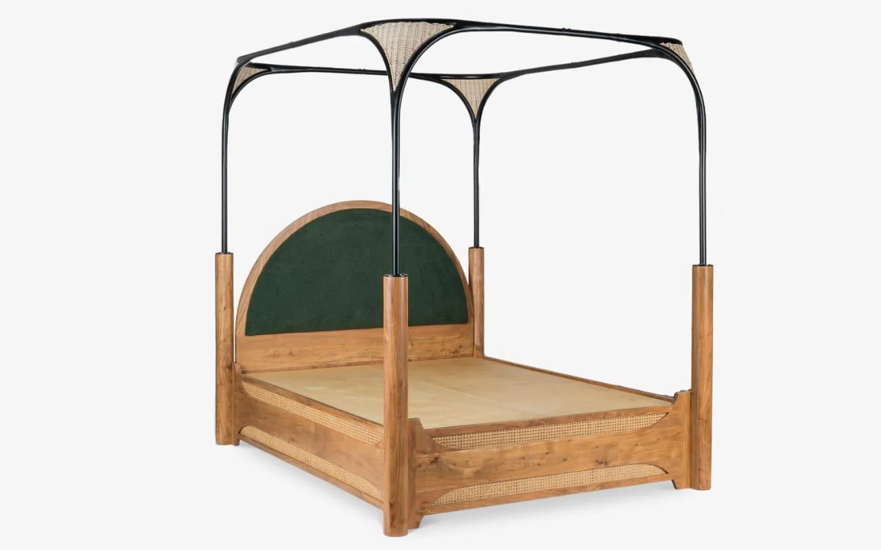 Canopy Bed Frame in Natural Brown Teak Wood with Four Poster Design