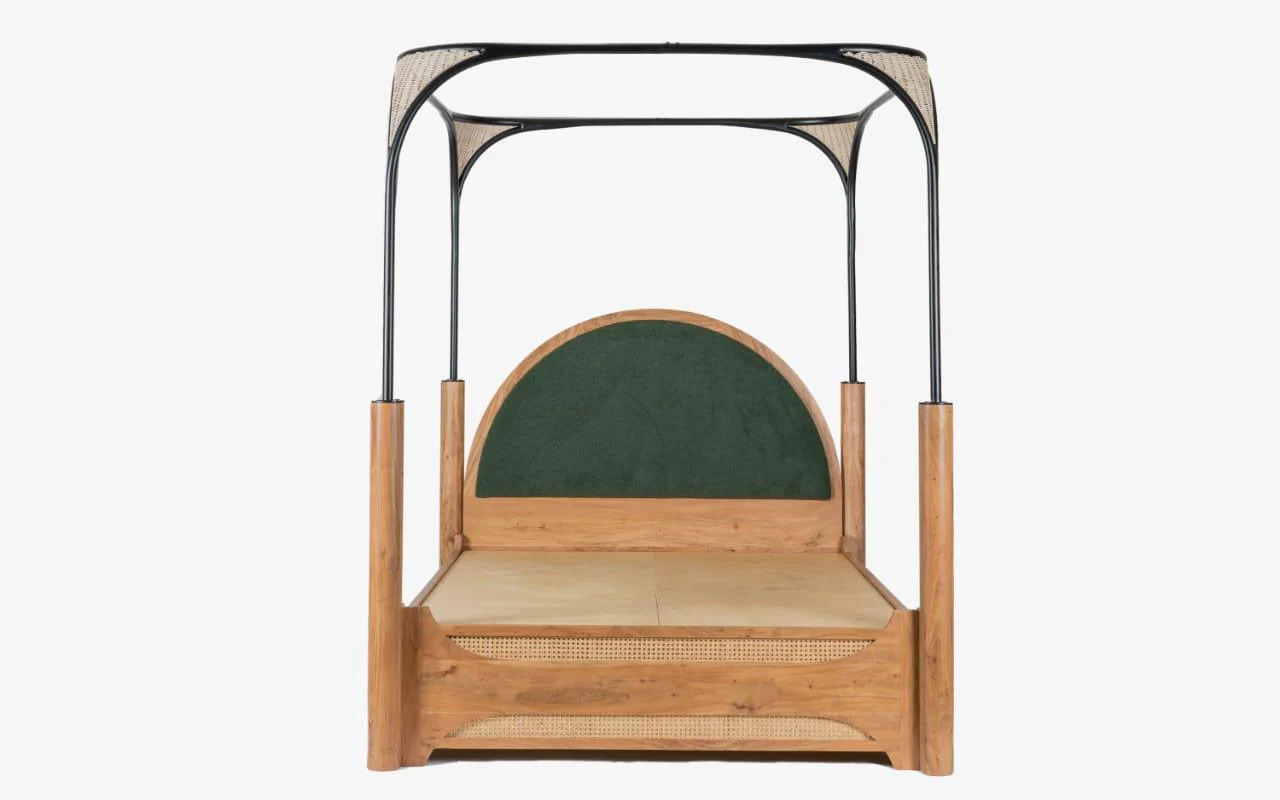 Canopy Bed Frame in Natural Brown Teak Wood with Four Poster Design