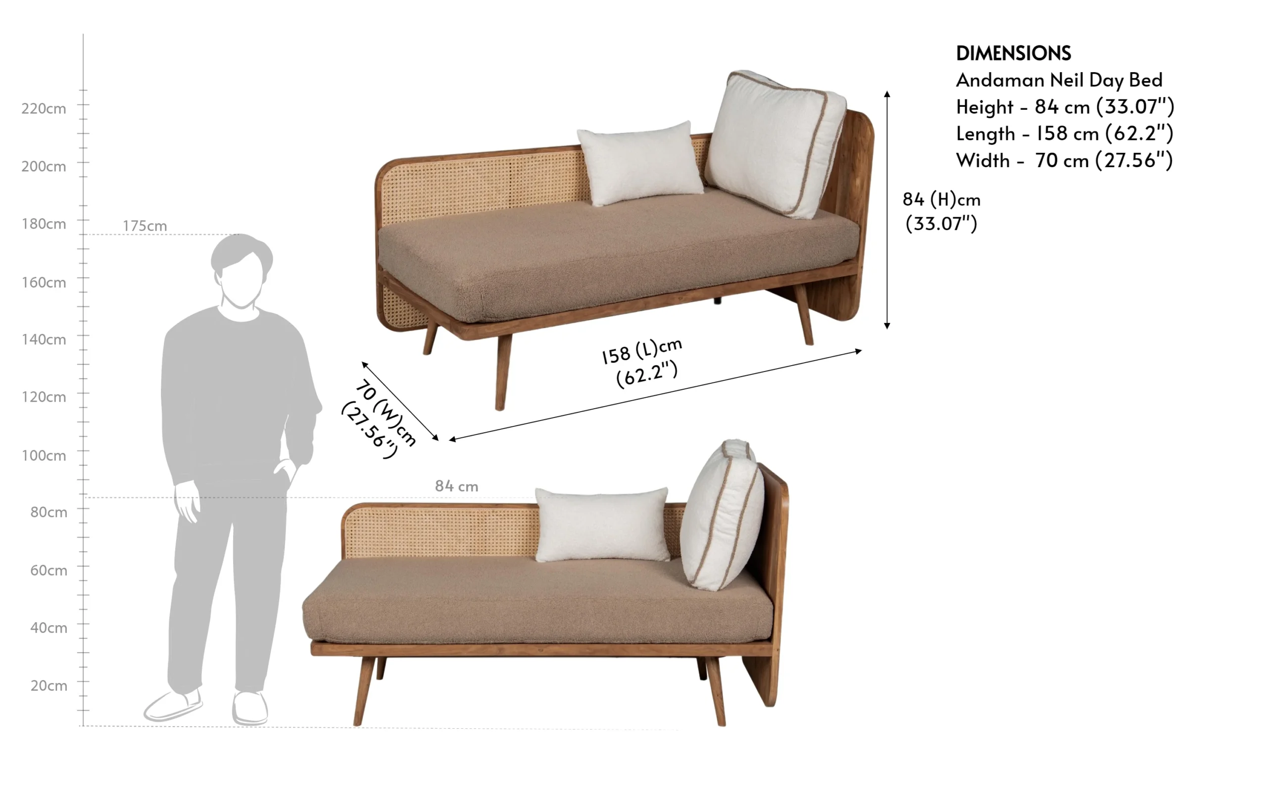 Modern Cane Bench in Teak Wood with Rattan Cane and Upholstered Seat