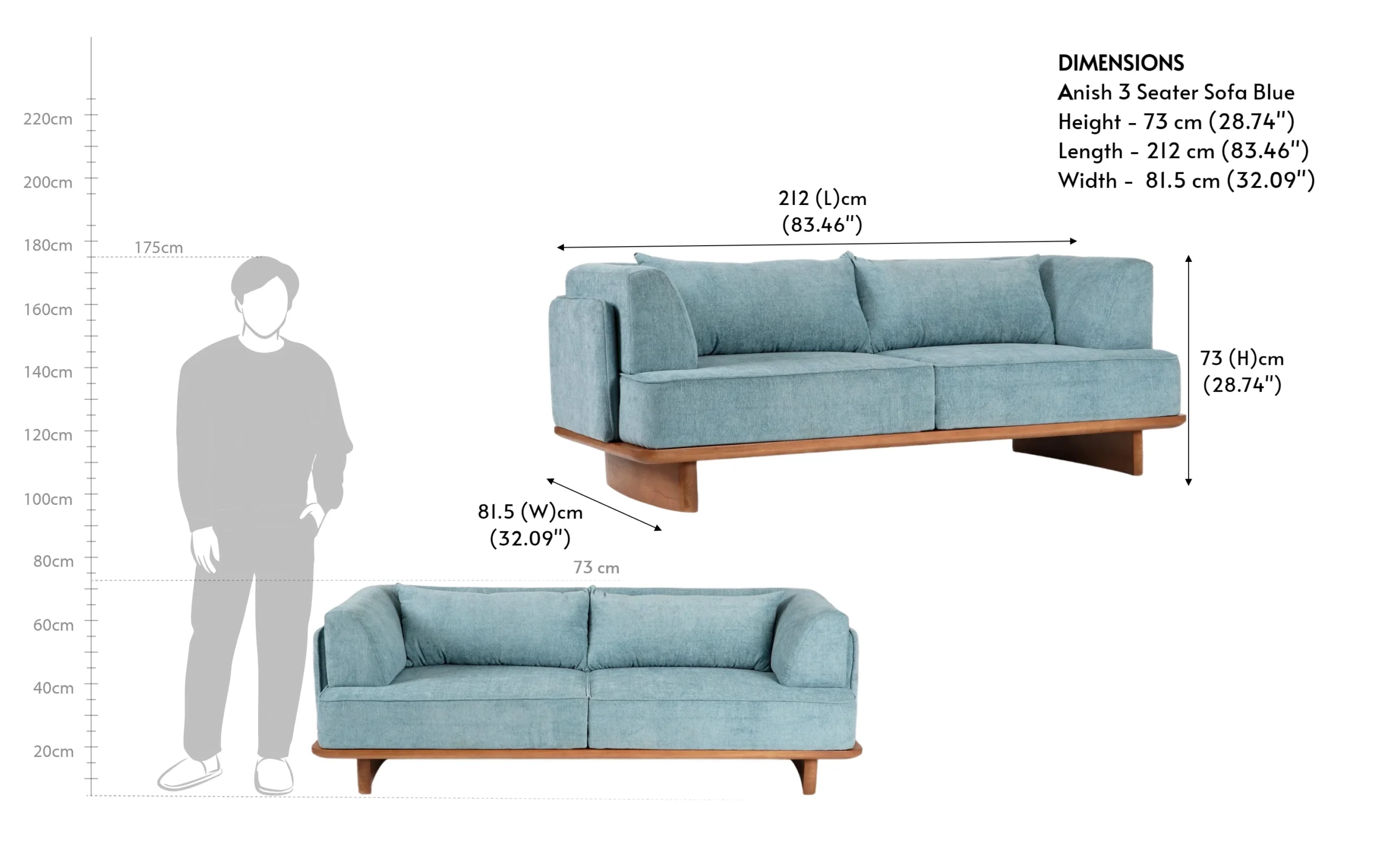Modern 3 Seater Sofa in Teak Wood with Blue Upholstery and Natural Brown Finish Modern 3 Seater Sofa in Teak Wood with Blue Upholstery and Natural Brown Finish