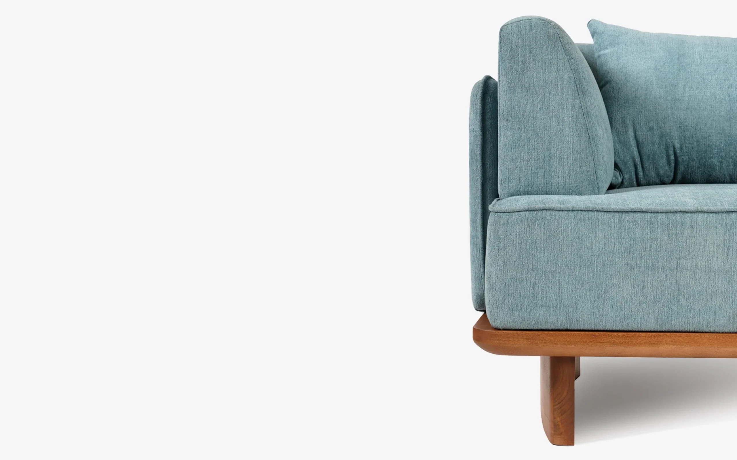 Modern 3 Seater Sofa in Teak Wood with Blue Upholstery and Natural Brown Finish Modern 3 Seater Sofa in Teak Wood with Blue Upholstery and Natural Brown Finish