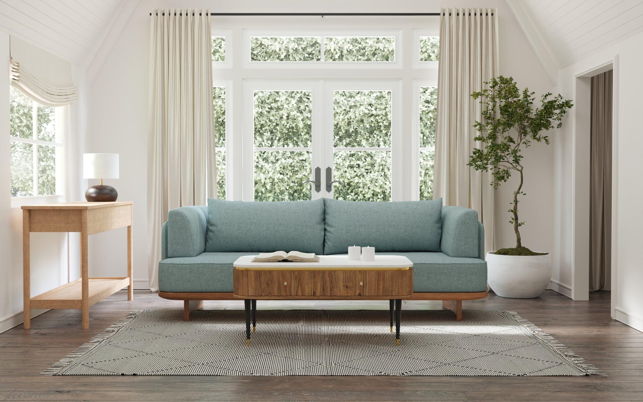 Modern 3 Seater Sofa in Teak Wood with Blue Upholstery and Natural Brown Finish