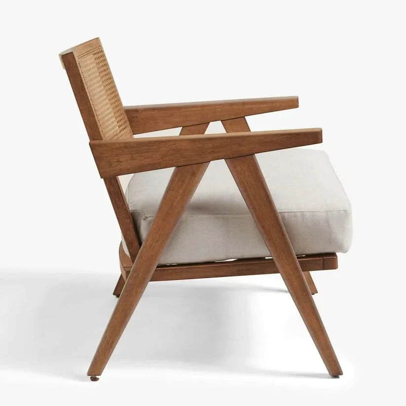 Lounge Chair in Teak Wood with Cane Backrest and Cushioned Seat Lounge Chair in Teak Wood with Cane Backrest and Cushioned Seat