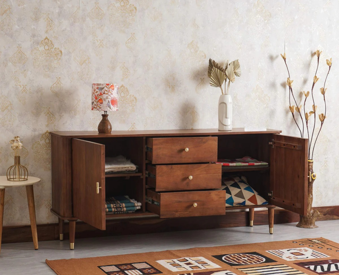 Sideboard Cabinet with Two Doors and Three Drawers in Natural Brown Teak Wood Finish Sideboard Cabinet with Two Doors and Three Drawers in Natural Brown Teak Wood Finish