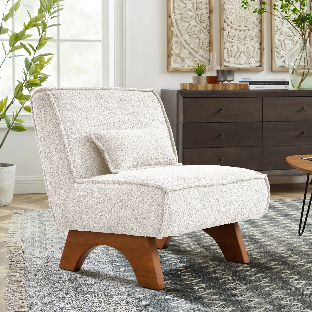 Lounge Chair with Pillow in Bouclé Upholstery and Teak Wood Frame