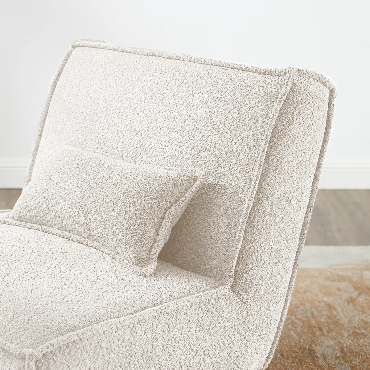 Lounge Chair with Pillow in Bouclé Upholstery and Teak Wood Frame