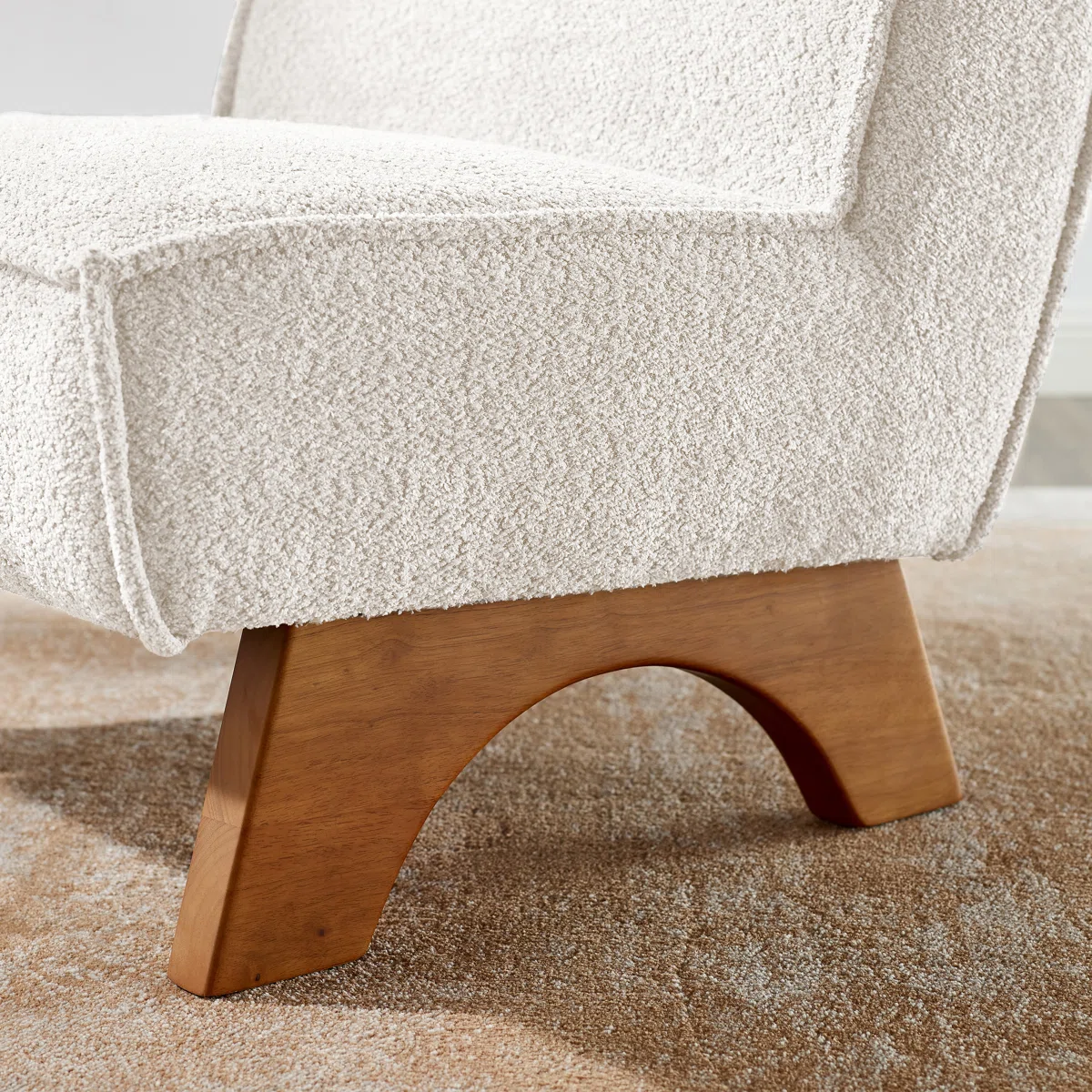 Lounge Chair with Pillow in Bouclé Upholstery and Teak Wood Frame