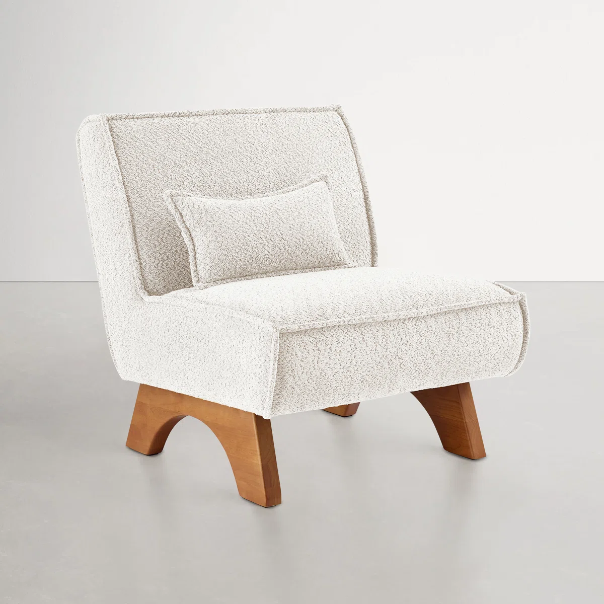Lounge Chair with Pillow in Bouclé Upholstery and Teak Wood Frame