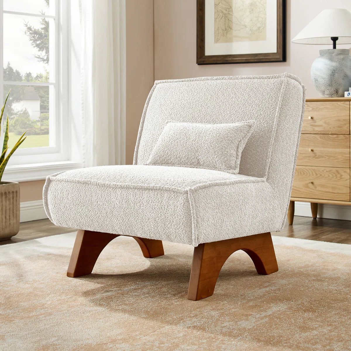 Lounge Chair with Pillow in Bouclé Upholstery and Teak Wood Frame