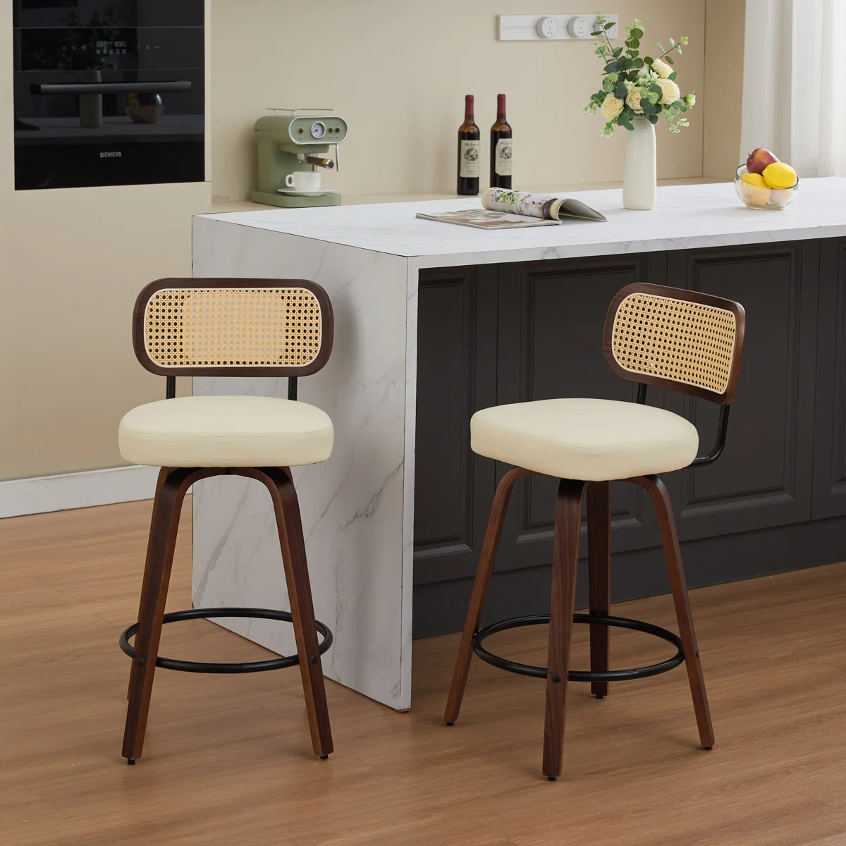Teak wood counter stools with rattan back and white upholstered seat – set of 2 Teak wood counter stools with rattan back and white upholstered seat – set of 2