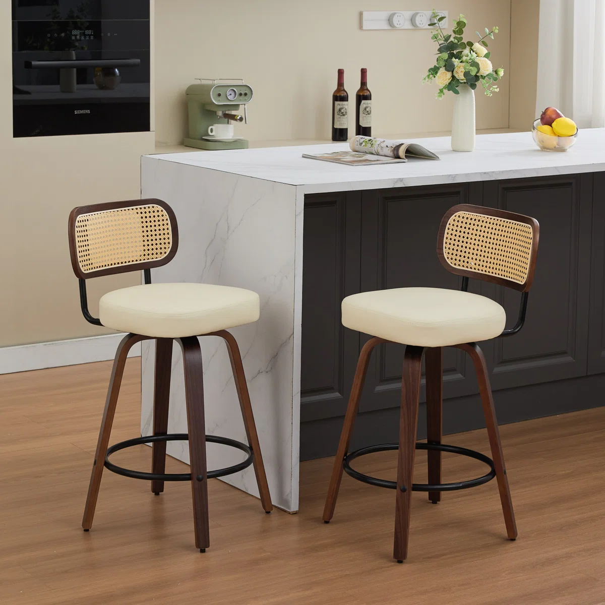 Teak wood counter stools with rattan back and white upholstered seat – set of 2 Teak wood counter stools with rattan back and white upholstered seat – set of 2