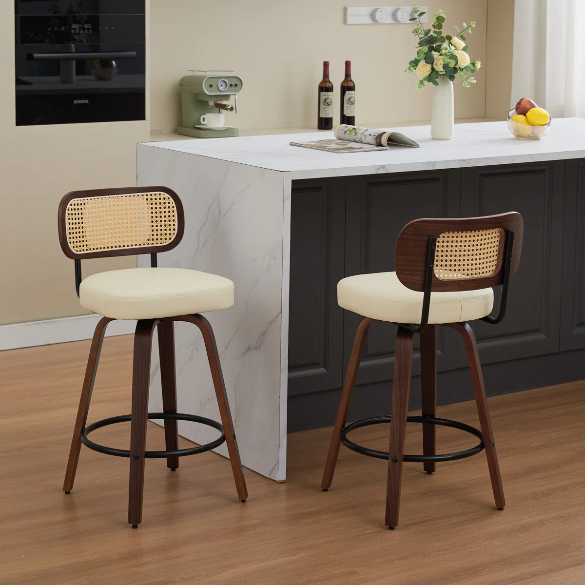 Teak wood counter stools with rattan back and white upholstered seat – set of 2 Teak wood counter stools with rattan back and white upholstered seat – set of 2