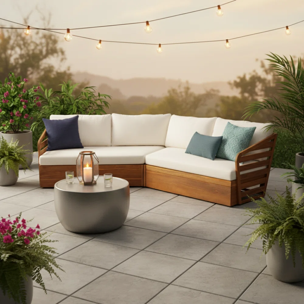 Sectional Sofa with Accents in Teak Wood and Natural Finish Sectional Sofa with Accents in Teak Wood and Natural Finish