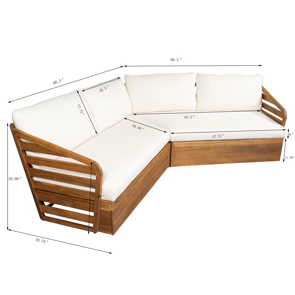Sectional Sofa with Accents in Teak Wood and Natural Finish Sectional Sofa with Accents in Teak Wood and Natural Finish